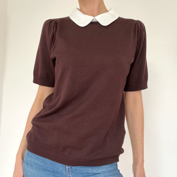 NWOT Adrianna Papell Brown Satin Collar Sweater - Picture 1 of 4